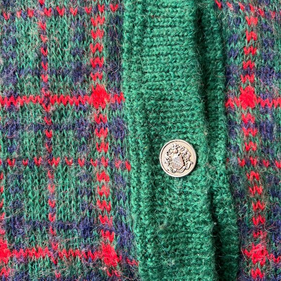 Vintage 1980s Edinburgh Tartan Mohair Blend Cardigan Green Red Plaid Made UK L - Picture 3 of 6